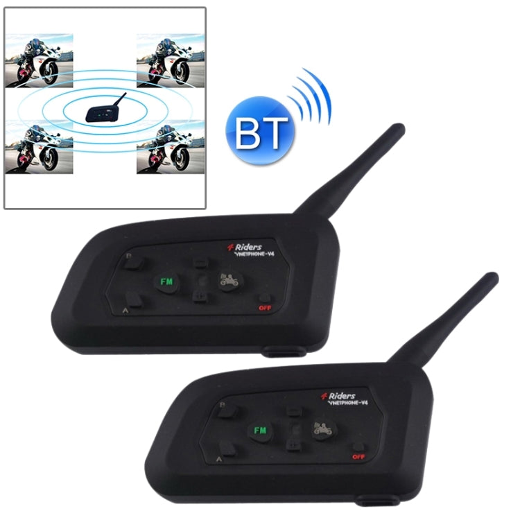2 PCS V4-1200 1200m Life Waterproof Wind-resistant Bluetooth Interphone Headsets for Motorcycle Helmet, Max Support: Four Riders, Supports FM