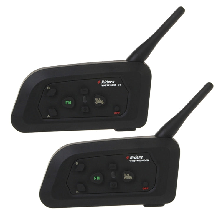 2 PCS V4-1200 1200m Life Waterproof Wind-resistant Bluetooth Interphone Headsets for Motorcycle Helmet, Max Support: Four Riders, Supports FM