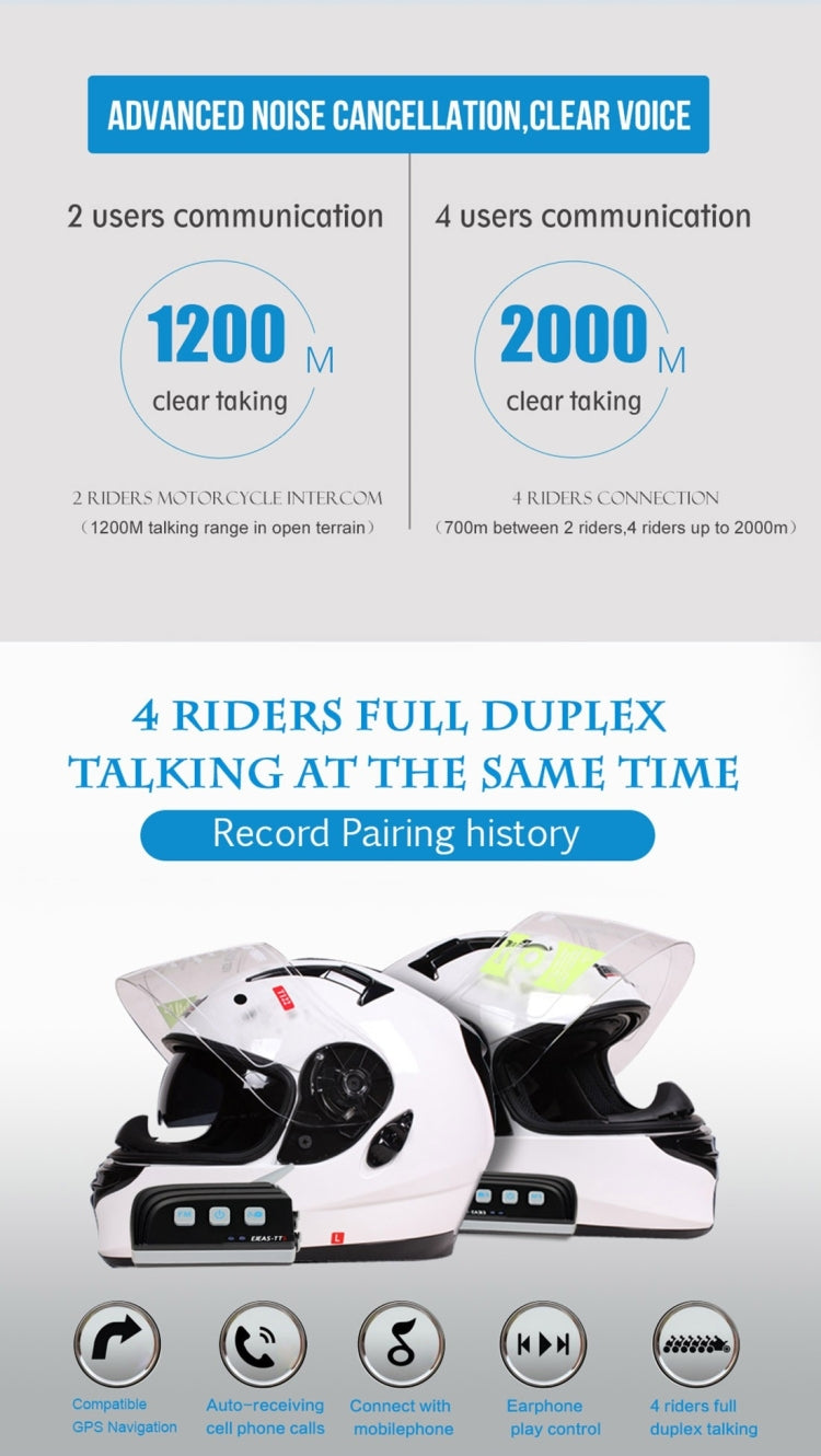 2 PCS TTS 2000m Life Waterproof Wind-resistant Max Dual Bluetooth 4.0 Interphone Headsets for Motorcycle Helmet, Max Support: Four Riders, Supports FM