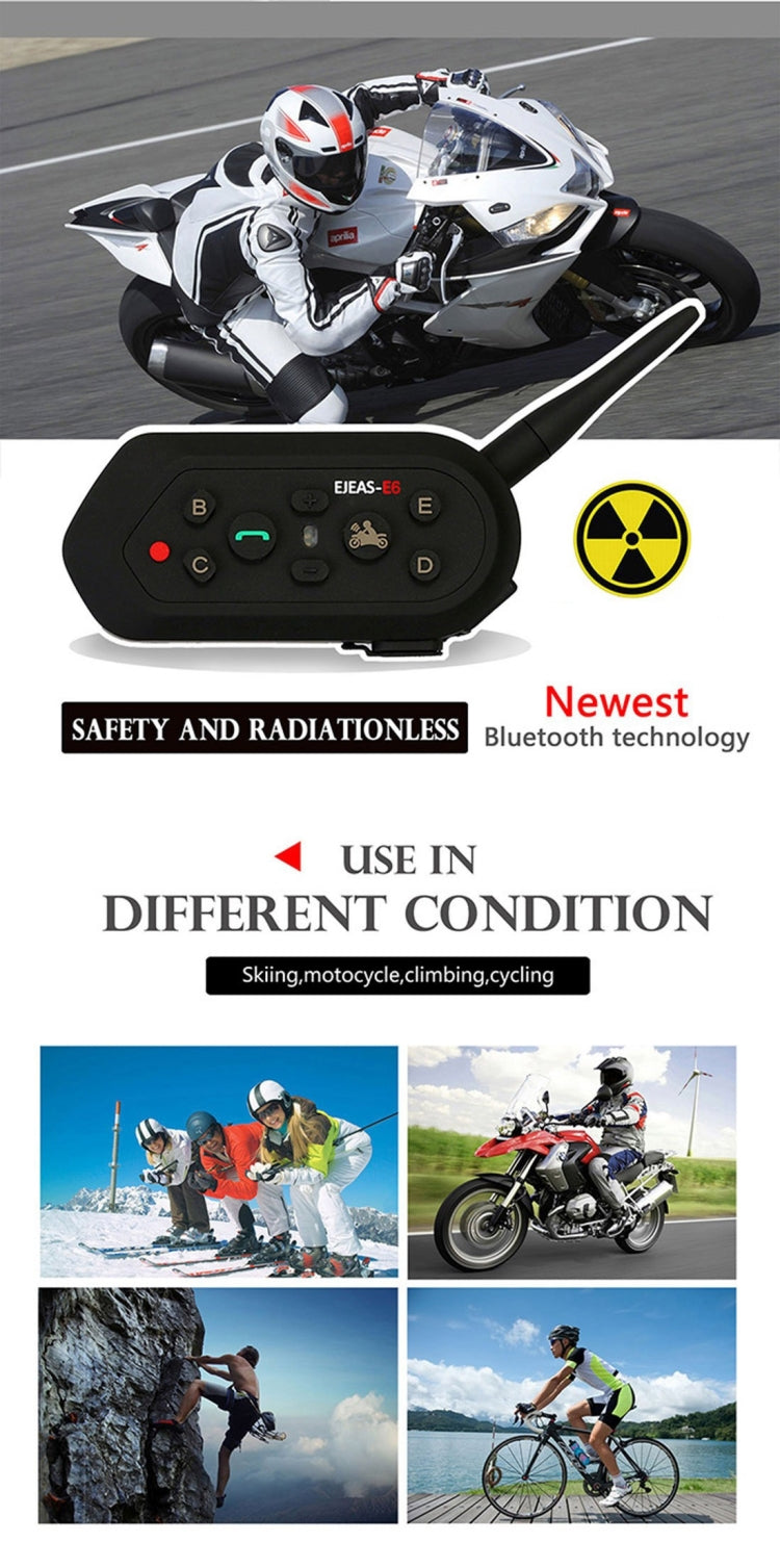 E6 1200m Life Waterproof Wind-resistant Bluetooth Interphone Headsets for Motorcycle Helmet, Max Support: Six Riders