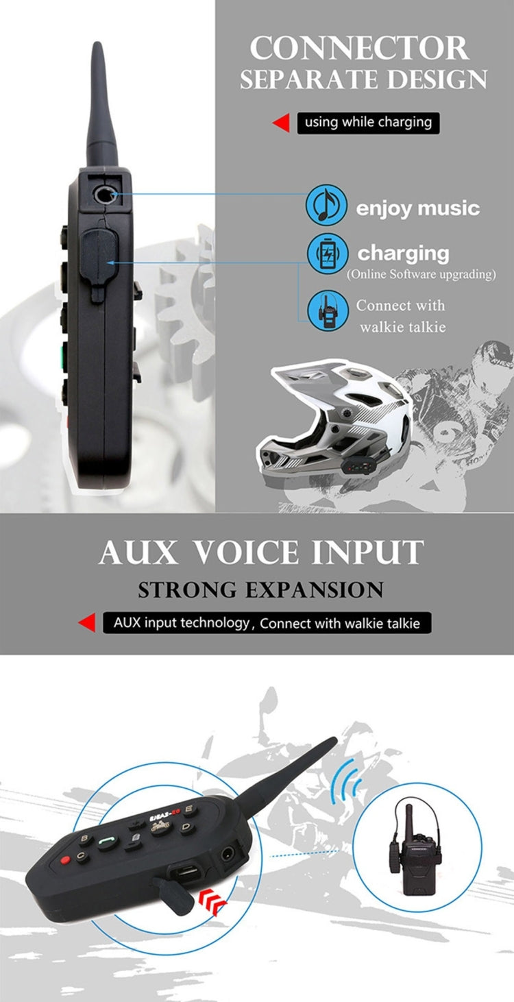 2 PCS E6 1200m Life Waterproof Wind-resistant Bluetooth Interphone Headsets for Motorcycle Helmet, Max Support: Six Riders