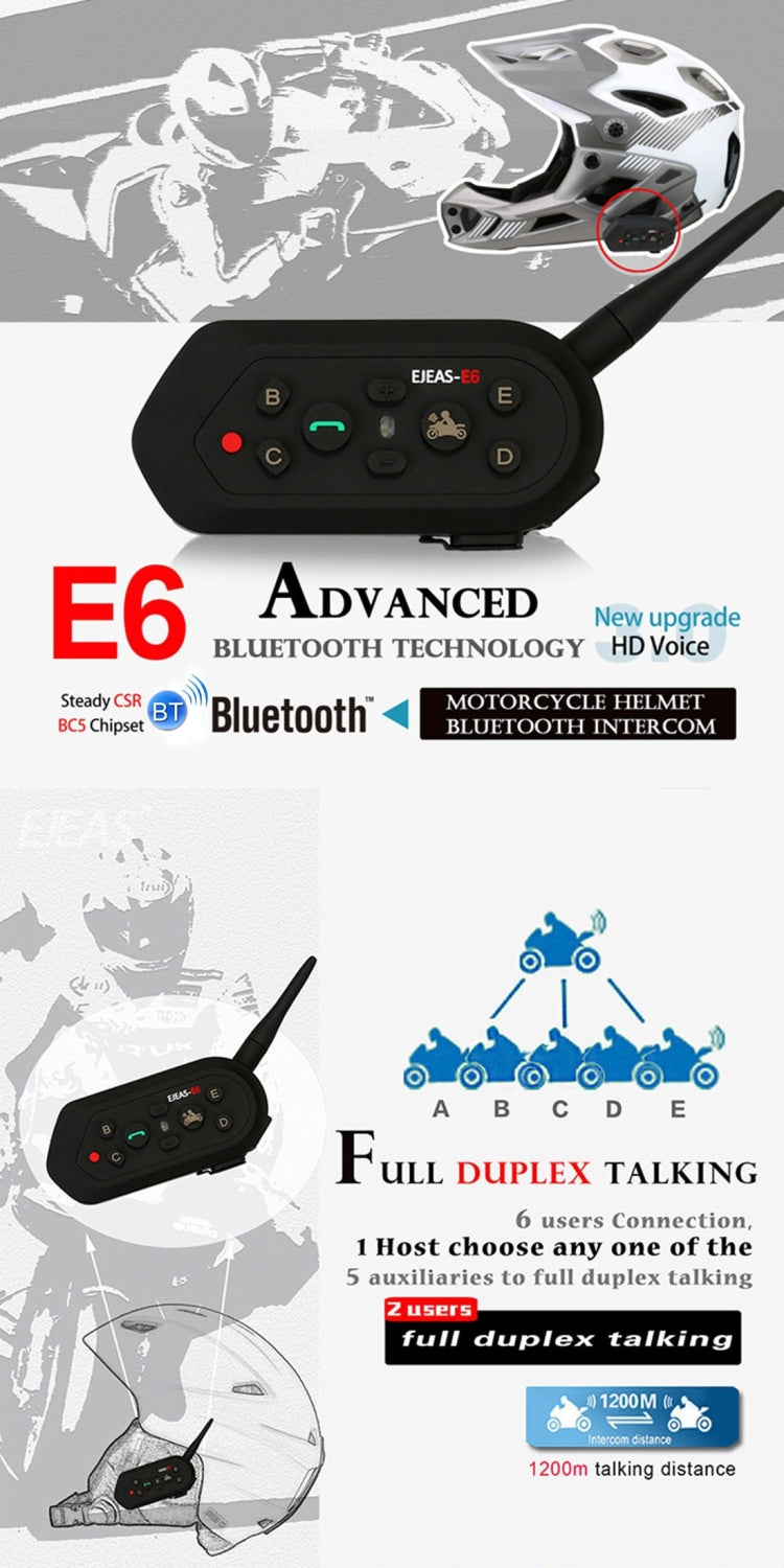 2 PCS E6 1200m Life Waterproof Wind-resistant Bluetooth Interphone Headsets for Motorcycle Helmet, Max Support: Six Riders
