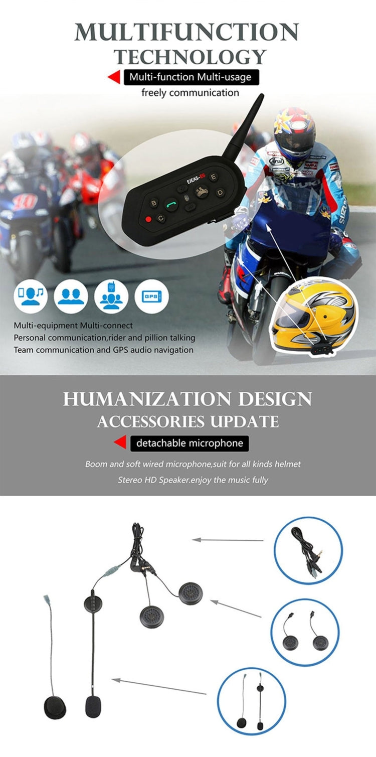 2 PCS E6 1200m Life Waterproof Wind-resistant Bluetooth Interphone Headsets for Motorcycle Helmet, Max Support: Six Riders