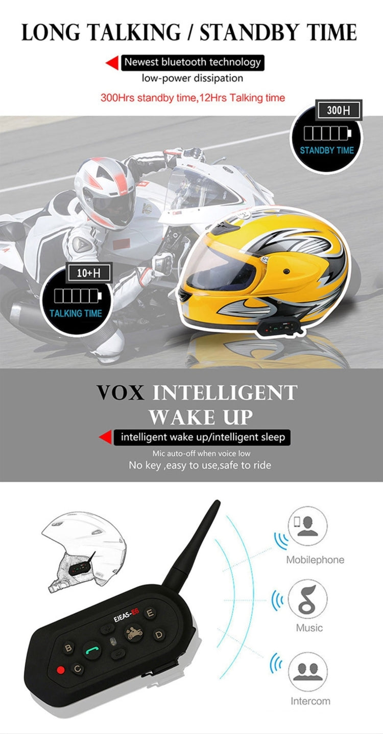 2 PCS E6 1200m Life Waterproof Wind-resistant Bluetooth Interphone Headsets for Motorcycle Helmet, Max Support: Six Riders