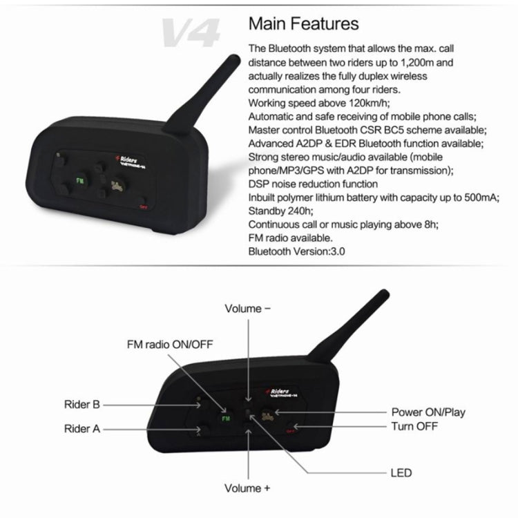 2 PCS V4C 1200m Life Waterproof Wind-resistant Bluetooth Interphone Referee Headsets with Sport Armband Case, Max Support: Four Users, Supports FM