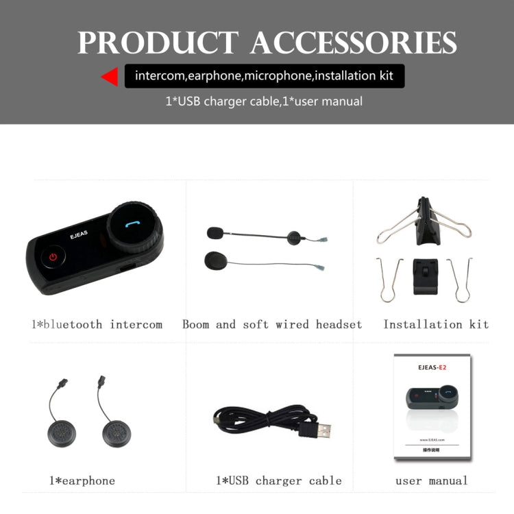 2 Sets EJEAS E2-1200 1200m IP65 Waterproof 4 Users Connection Riders Bluetooth Multi-Interphone Headsets for Motorcycle Helmet(Black)