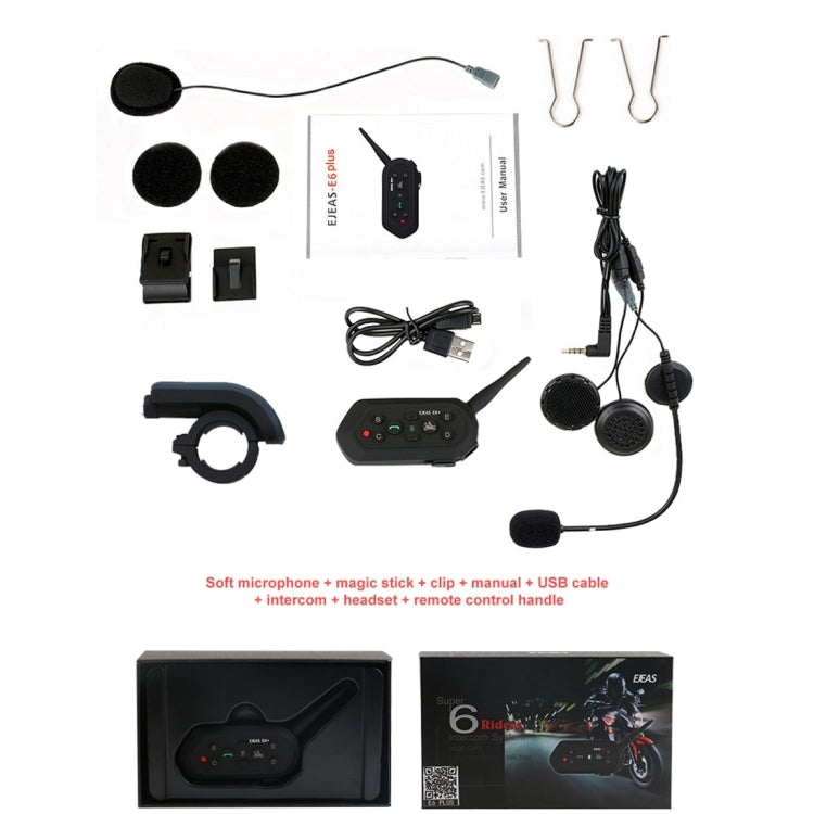 EJEAS E6 Plus 1200m IP65 Waterproof 6 Users Connection Riders Bluetooth Multi-Interphone Headsets for Motorcycle Helmet With Handle / Remote Control(Black)