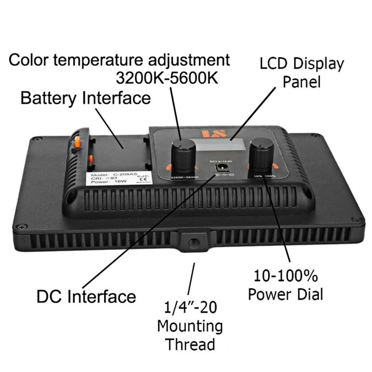 C-208AS DC7.4-14.8V 16W Squared 3200ï½ž5600K Double Color Temperature Camera LED Side Light Bulbs