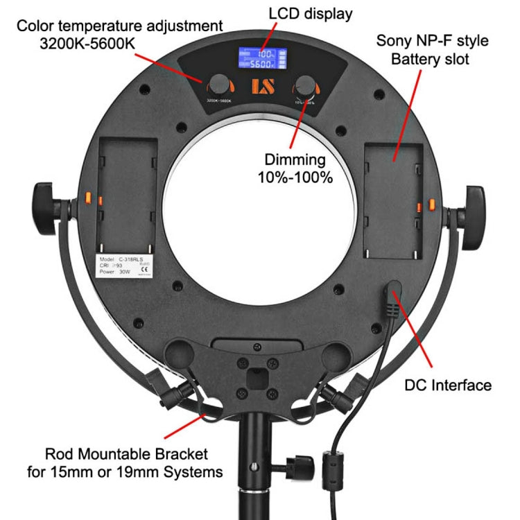 C-318RL DC7.4-14.8V 30W Adjustable Circular 5600K Single Color Temperature Camera LED Side Light Bulbs