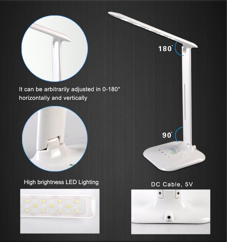 T9 4W SMD 5050 5-grade Brightness Folding LED Desk Lamp, 14 LEDs Touch Dimmer Eye Protection, DC 5V(White)