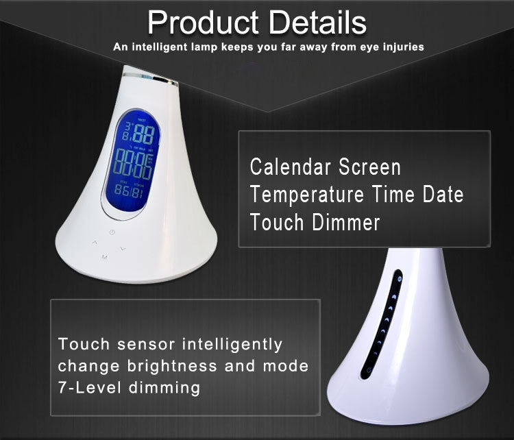 T31 7W SMD 2835 7-grade Brightness LED Desk Lamp , 33 LEDs Touch Dimmer Flexible Goose Neck Eye Protection Light with Calendar Temperature Time Date LCD Screen, DC 5V(White)