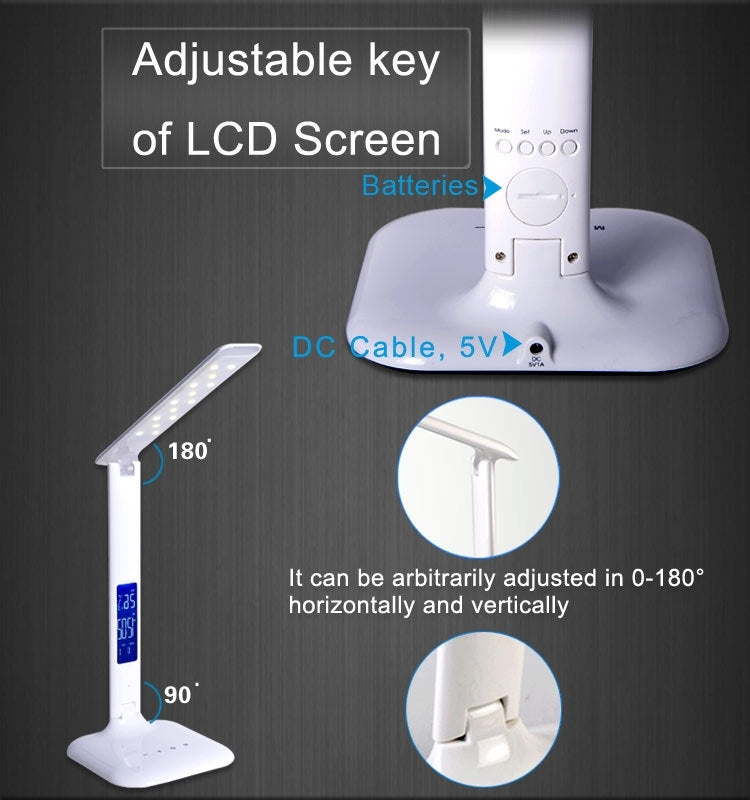 T32 4W SMD 5050 5-grade Brightness LED Desk Lamp, 14 LEDs Touch Dimmer Eye Protection Light with Calendar Temperature Time Date LCD Screen, DC 5V(White)