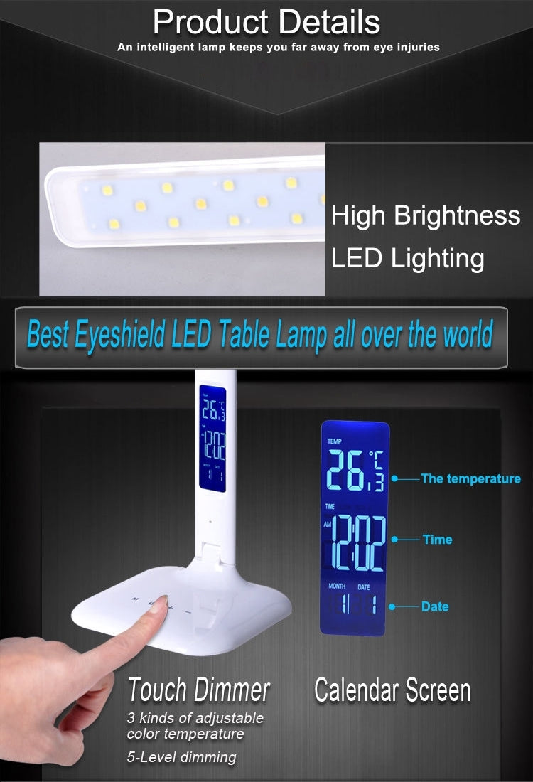 T32 4W SMD 5050 5-grade Brightness LED Desk Lamp, 14 LEDs Touch Dimmer Eye Protection Light with Calendar Temperature Time Date LCD Screen, DC 5V(White)