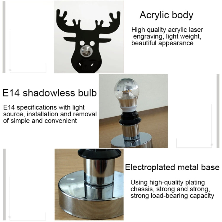 E14 5W Elk Shape Warm White LED Wall Light, Creative Simple Acrylic Shadow for Bedroom, Living Room, Diameter: 28cm, AC 110-220V(Black)