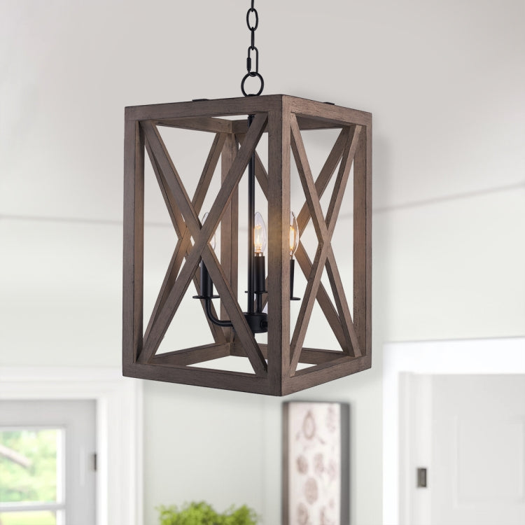 [US Warehouse] 3-Light Candle Style Wooden Kitchen Rectangle Pendant Lamps and Lanterns without Bulb