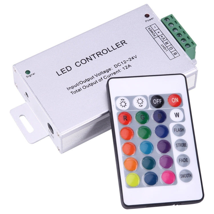 Three Channels IR LED Aluminum Casing Remote Controller with IR Remote Control, DC 12-24V, 3 x 4A (Max)