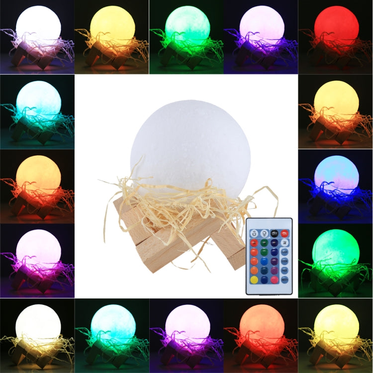 8cm Touch Control 3D Print Moon Lamp , USB Charging 16-color Changing LED Energy-saving Night Light with Wooden Holder Base & Remote Control