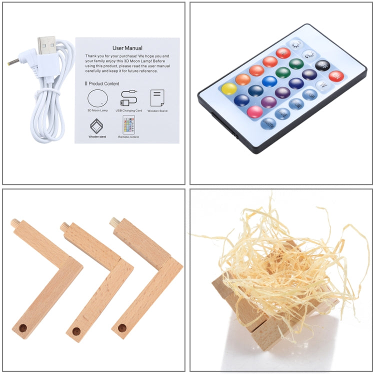 8cm Touch Control 3D Print Moon Lamp , USB Charging 16-color Changing LED Energy-saving Night Light with Wooden Holder Base & Remote Control