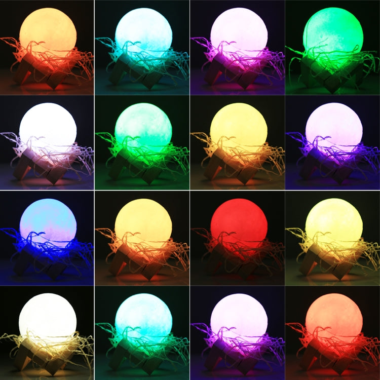 8cm Touch Control 3D Print Moon Lamp , USB Charging 16-color Changing LED Energy-saving Night Light with Wooden Holder Base & Remote Control