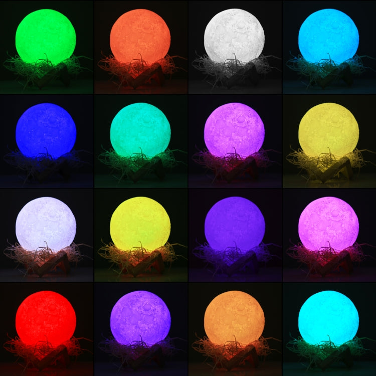 15cm Touch Control 3D Print Moon Lamp, USB Charging 16-color Changing LED Energy-saving Night Light with Wooden Holder Base & Remote Control