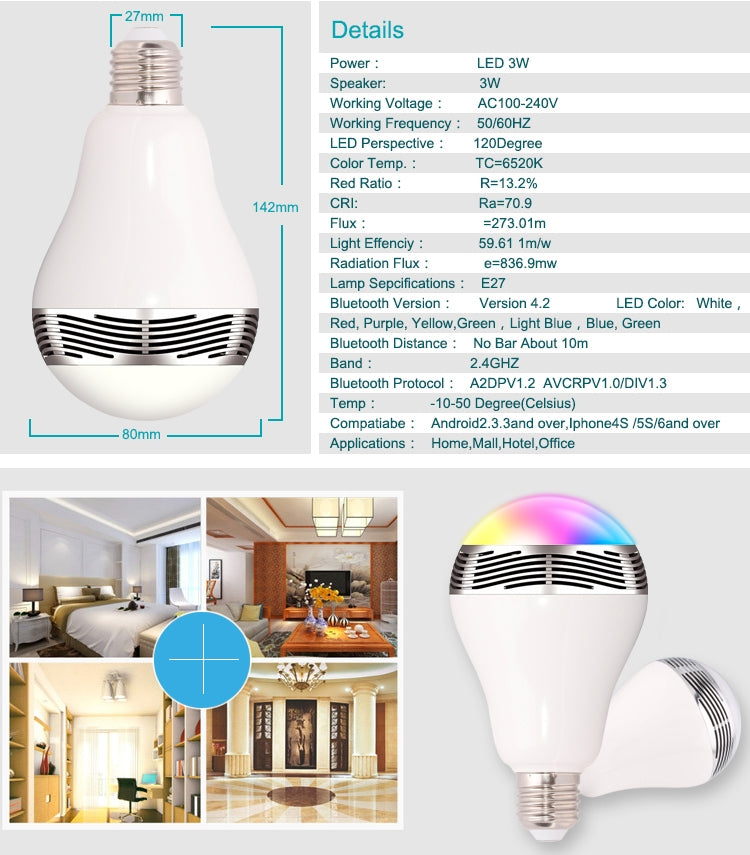 E27 RGB LED Bluetooth Speaker Light / Energy Saving Lamps, Supports APP, AC 100-240V