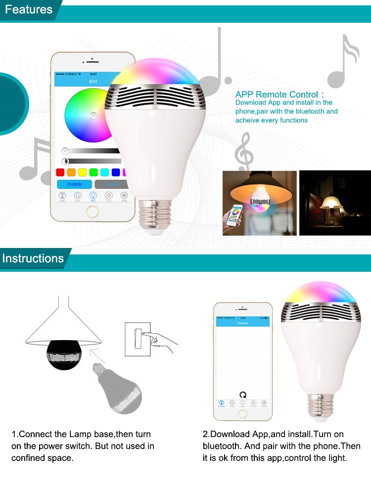 E27 RGB LED Bluetooth Speaker Light / Energy Saving Lamps, Supports APP, AC 100-240V