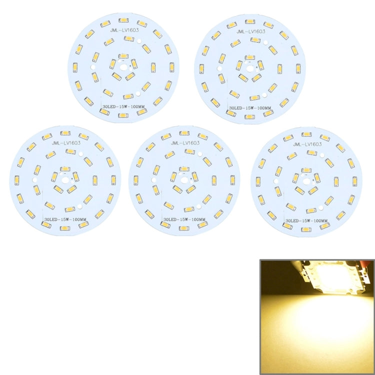 5 PCS 15W SMD 5730 Aluminum Base Light Panel, 30 LEDs 1350 LM 3000-6500K, Diameter: 100mm
