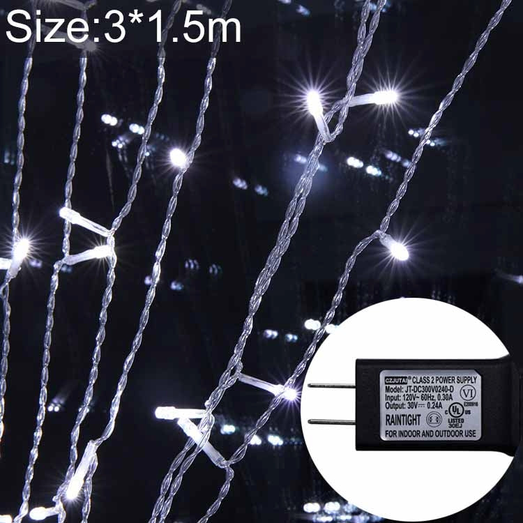 UL588 3m(Length) x 1.5m(Height) IP43 Waterproof LED Curtain Light, 150 LEDs Fairy String Decorative Light with End Joint & 8 Model Functions, US Plug(White Light)