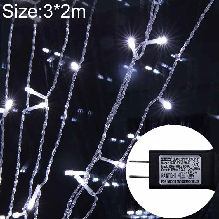 UL588 3m(Length) x 2m(Height) IP43 Waterproof LED Curtain Light, 200 LEDs Fairy String Decorative Light with End Joint & 8 Model Functions, US Plug