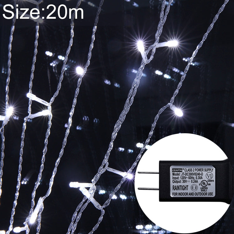 UL588 20m IP43 Waterproof LED Curtain Light, 200 LEDs Fairy String Decorative Light with End Joint & 8 Model Functions, US Plug (White Light)