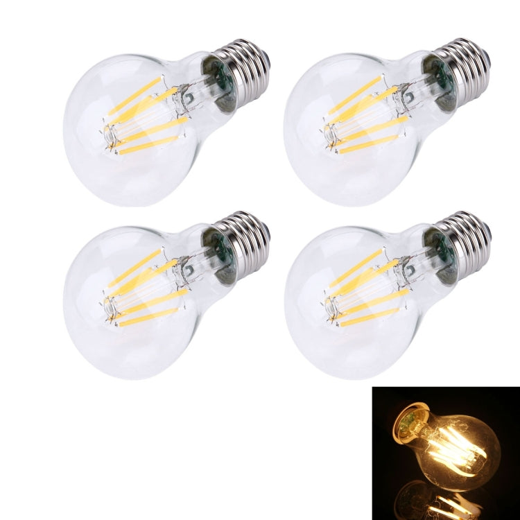 4 PCS A60 E27 6W Warm White LED Filament Light Bulb , 6 LEDs 480 LM Retro Energy Saving Light for Halls, AC 85-265V
