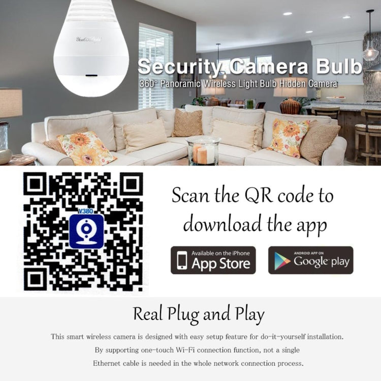 E27 3W 1080P LED Bulb Shape Wi-Fi IP Camera Wireless HD Home Security Panoramic 360 Degrees Light Sensing Bulb
