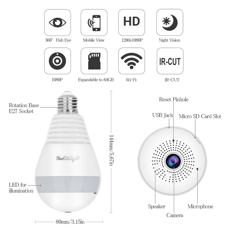 E27 3W 1080P LED Bulb Shape Wi-Fi IP Camera Wireless HD Home Security Panoramic 360 Degrees Light Sensing Bulb