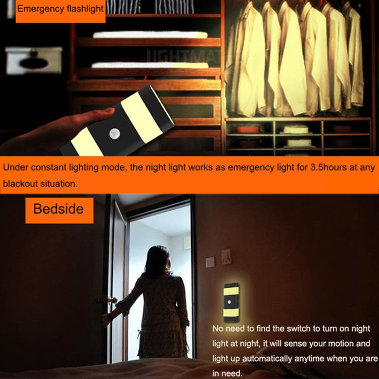USB Charging 2 Modes White Light or Warm White Light CDS + PIR Human Body Motion Sensor, 6 LEDs 45 LM Rectangle Shape LED Night Light, Sensor Distance: 3-6m