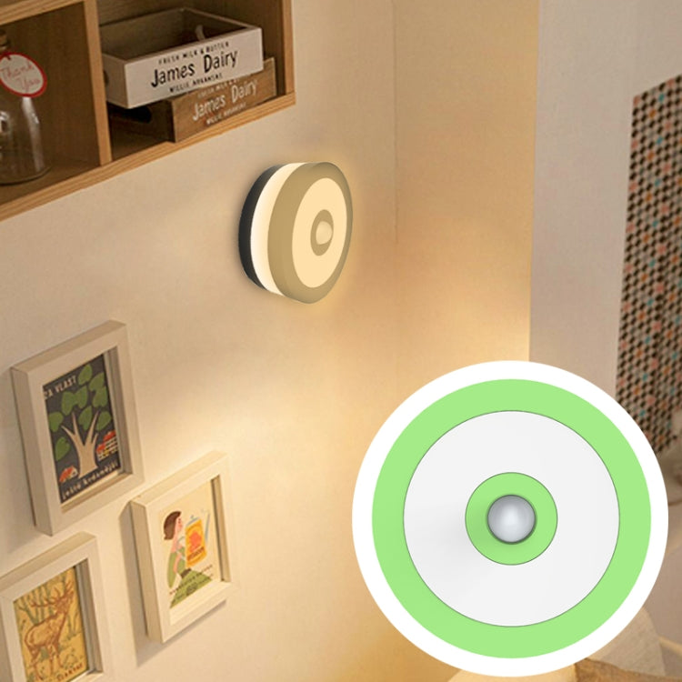 USB Charging 2 Modes White Light or Warm White Light CDS + PIR Human Body Motion Sensor LED Light, 6 LEDs 45 LM Round Shape LED Night Light with Holder, Sensor Distance: 3-6m