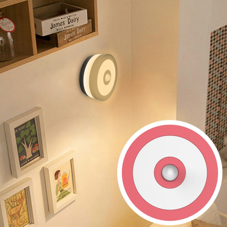 USB Charging 2 Modes White Light or Warm White Light CDS + PIR Human Body Motion Sensor LED Light, 6 LEDs 45 LM Round Shape LED Night Light with Holder, Sensor Distance: 3-6m