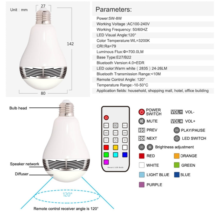 BL-05JR Bluetooth V4.0+EDR Smart LED Bulb with Remote Control for iPhone / iPad and Other Smartphones, Support IR Remote Control in Long Distance / Brightness Adjustment Function, Effective Bluetooth Distance: About 10m
