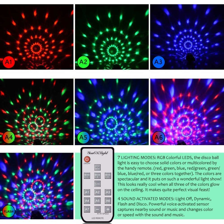 youOKLight YK2278 3W Sound Activated RGB LED Stage Light, Disco DJ Lights Strobe Rotating Projector Light Crystal Magic Ball Party Lights with Remote Control, US/EU Plug, AC 85-265V