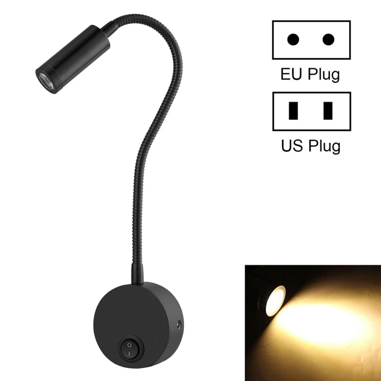 3W Flexible Goose Neck Warm White LED Reading Lamp Light , 160 LM 3000-3200K Hose Spotlight Lamp Wall Mount Light Wall Sconce Lamp, Got the CE / FCC Certification, Goose Neck Length: 30cm, US/EU Plug, Default Delivery US Plug
