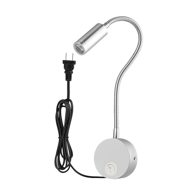 3W Silver Shell Flexible Goose Neck White Light LED  Reading Lamp Light, 160 LM 3000-3200K Hose Spotlight Lamp Wall Mount Light Wall Sconce Lamp, Got the CE / FCC Certification, Goose Neck Length: 30cm, US/EU Plug, Default Delivery US Plug
