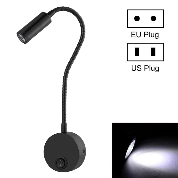 3W Black Shell Flexible Goose Neck White Light LED Reading Lamp Light , 160 LM 3000-3200K Hose Spotlight Lamp Wall Mount Light Wall Sconce Lamp, Got the CE / FCC Certification, Goose Neck Length: 30cm, US/EU Plug, Default Delivery US Plug