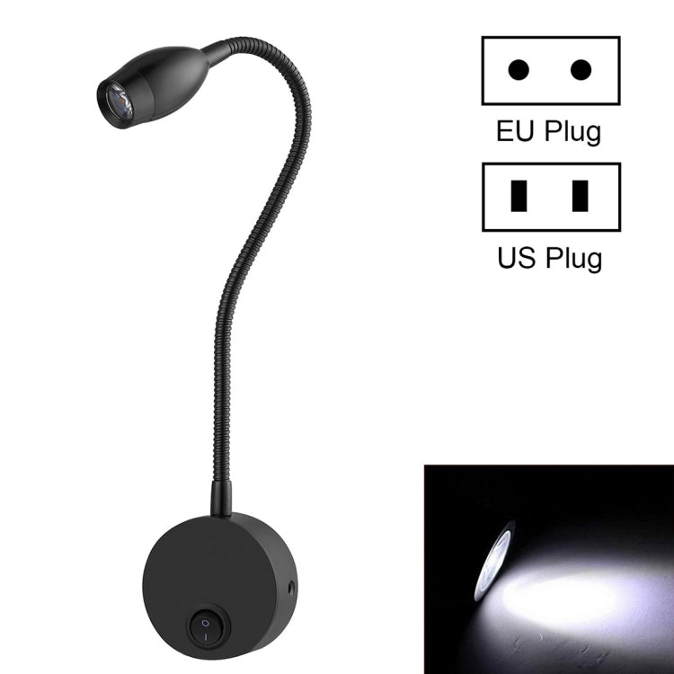 3W Black Shell Flexible Goose Neck White Light LED Reading Lamp Light , 160 LM 3000-3200K Wall Mount Light Wall Sconce Lamp, Got the CE / FCC Certification, Goose Neck Length: 30cm, US/EU Plug, Default Delivery EU Plug