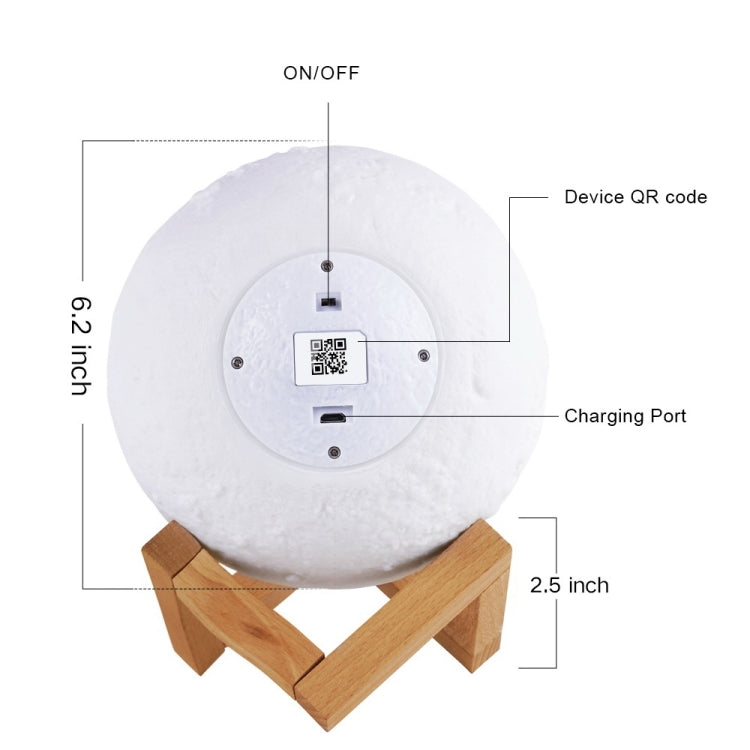 16cm 3D Print Mobile APP Control Smart Moon Lamp Energy-saving LED Night Light with Wooden Holder Base, Support Alexa & Tmall Elf