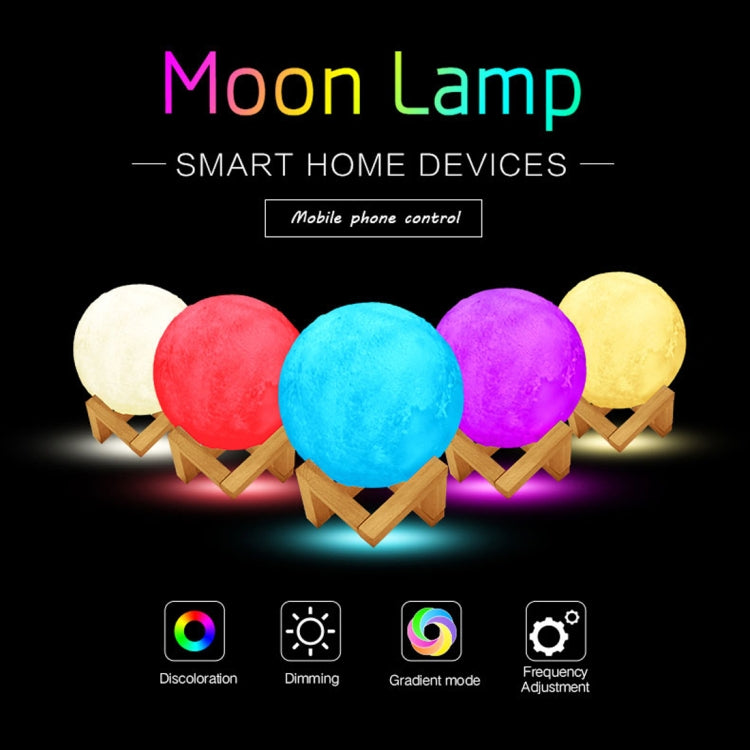 16cm 3D Print Mobile APP Control Smart Moon Lamp Energy-saving LED Night Light with Wooden Holder Base, Support Alexa & Tmall Elf