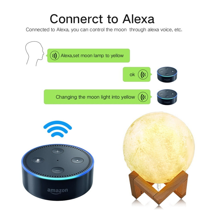 16cm 3D Print Mobile APP Control Smart Moon Lamp Energy-saving LED Night Light with Wooden Holder Base, Support Alexa & Tmall Elf