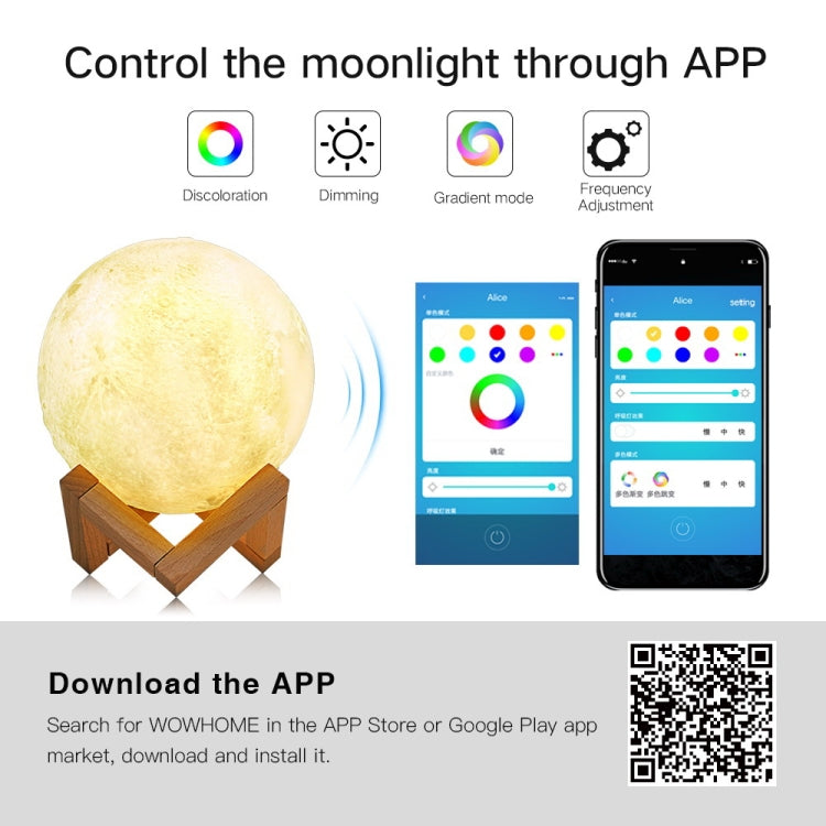 16cm 3D Print Mobile APP Control Smart Moon Lamp Energy-saving LED Night Light with Wooden Holder Base, Support Alexa & Tmall Elf