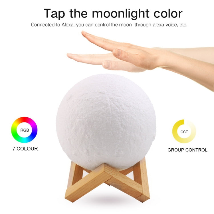 16cm 3D Print Mobile APP Control Smart Moon Lamp Energy-saving LED Night Light with Wooden Holder Base, Support Alexa & Tmall Elf