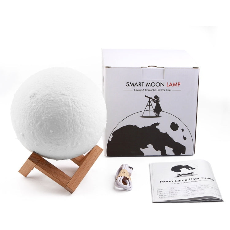 16cm 3D Print Mobile APP Control Smart Moon Lamp Energy-saving LED Night Light with Wooden Holder Base, Support Alexa & Tmall Elf