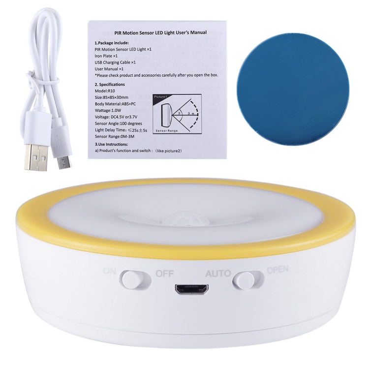 R10 USB Charging LED PIR Sensor Night Light , 4000K Emergency Light Cabinet Lamp, Sensor Distance: about 3m, DC 4.5V
