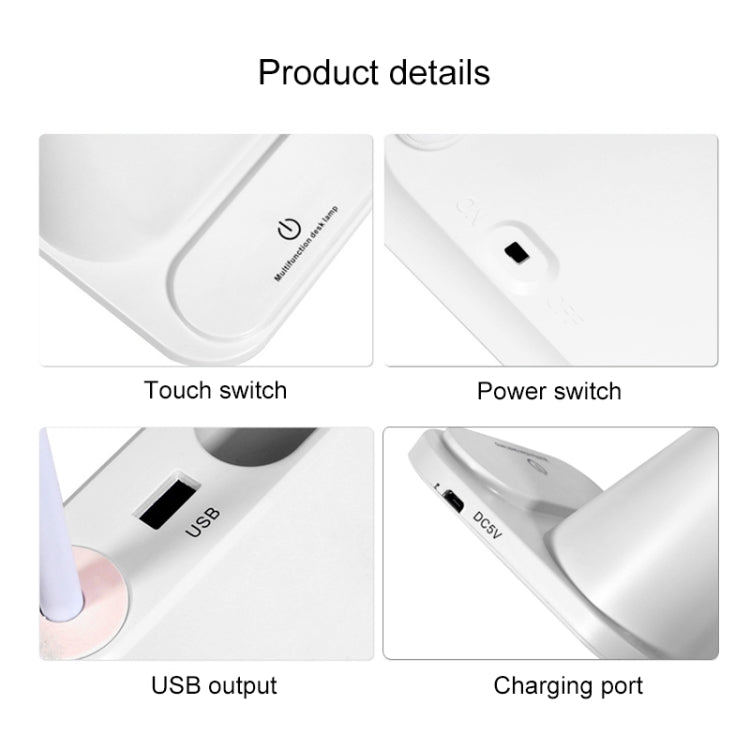 Multi-function Touch Switch USB Charging LED Desk Lamp with Phone Holder & Pen Holder, White Light & Warm White Two Modes LED Night Light, Support USB Output